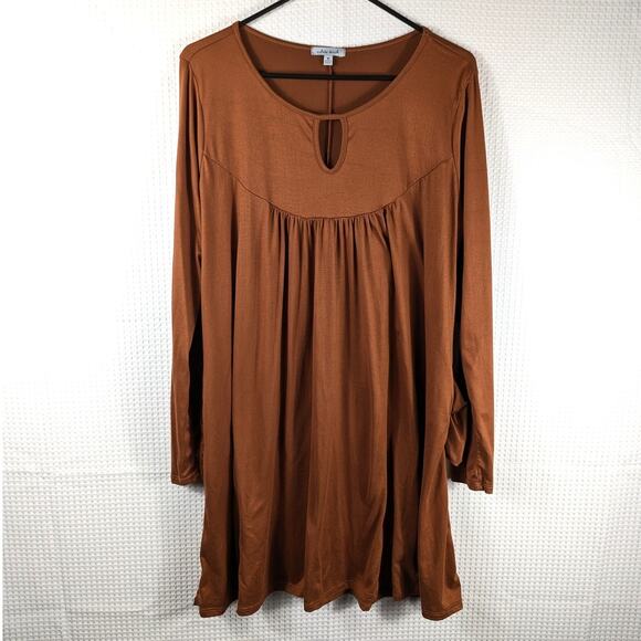 White Birch M Brown Long Sleeve Babydoll Tunic Dress Keyhole Neck Stretch Fall - Picture 1 of 4